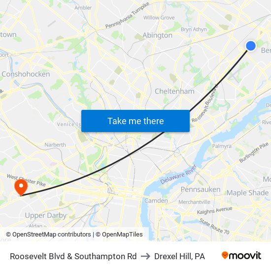 Roosevelt Blvd & Southampton Rd to Drexel Hill, PA map