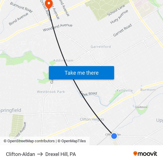 Clifton-Aldan to Drexel Hill, PA map