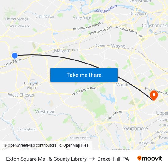 Exton Square Mall & County Library to Drexel Hill, PA map
