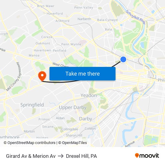 Girard Av & Merion Av to Drexel Hill, PA map