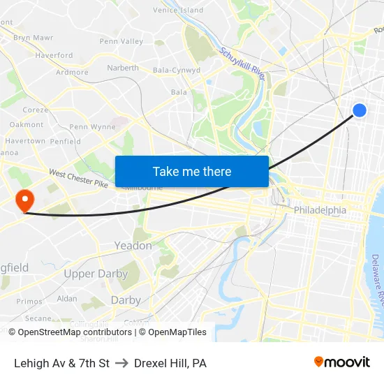 Lehigh Av & 7th St to Drexel Hill, PA map