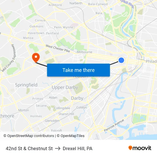 42nd St & Chestnut St to Drexel Hill, PA map
