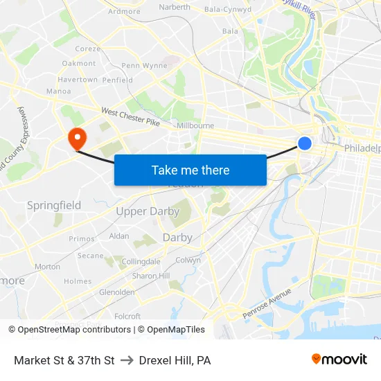 Market St & 37th St to Drexel Hill, PA map
