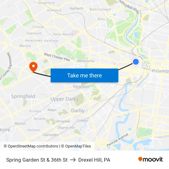 Spring Garden St & 36th St to Drexel Hill, PA map