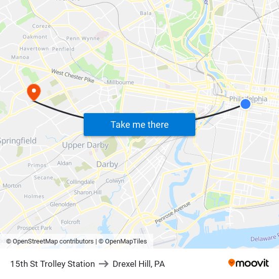 15th St Trolley Station to Drexel Hill, PA map