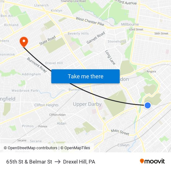 65th St & Belmar St to Drexel Hill, PA map