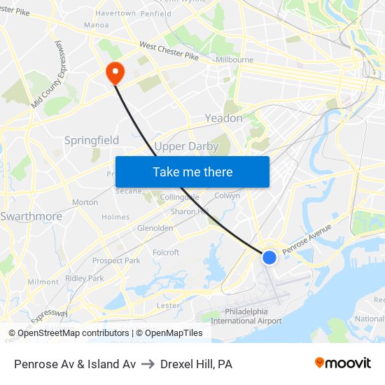 Penrose Av & Island Av to Drexel Hill, PA map