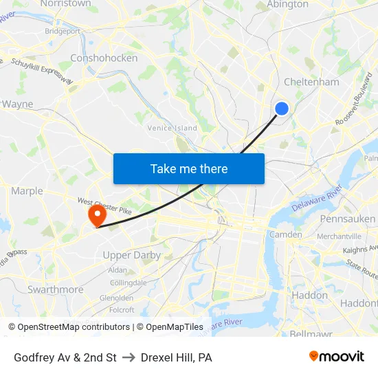 Godfrey Av & 2nd St to Drexel Hill, PA map