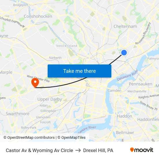 Castor Av & Wyoming Av Circle to Drexel Hill, PA map