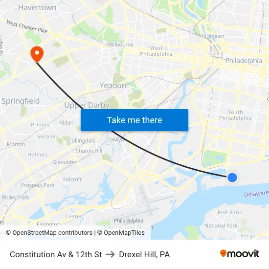 Constitution Av & 12th St to Drexel Hill, PA map