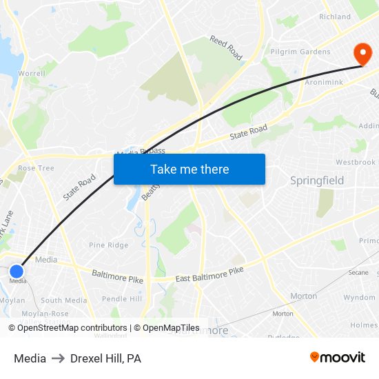 Media to Drexel Hill, PA map