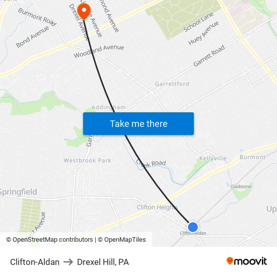 Clifton-Aldan to Drexel Hill, PA map