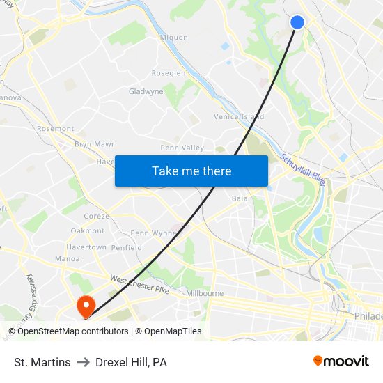 St. Martins to Drexel Hill, PA map