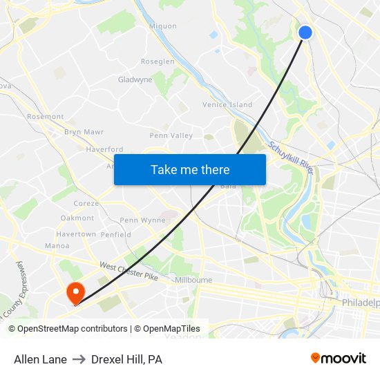 Allen Lane to Drexel Hill, PA map