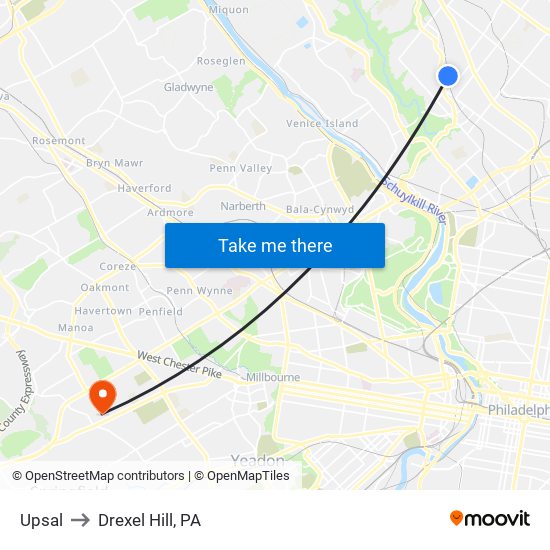 Upsal to Drexel Hill, PA map