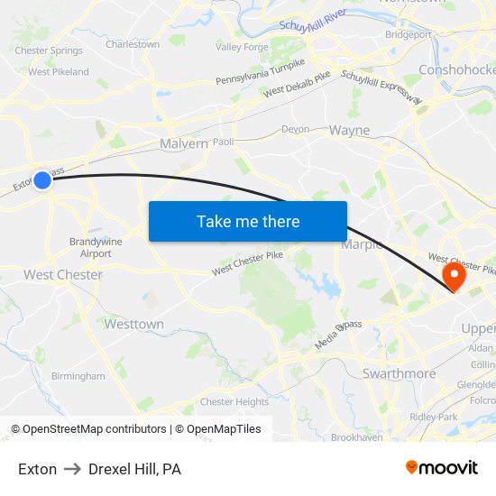 Exton to Drexel Hill, PA map
