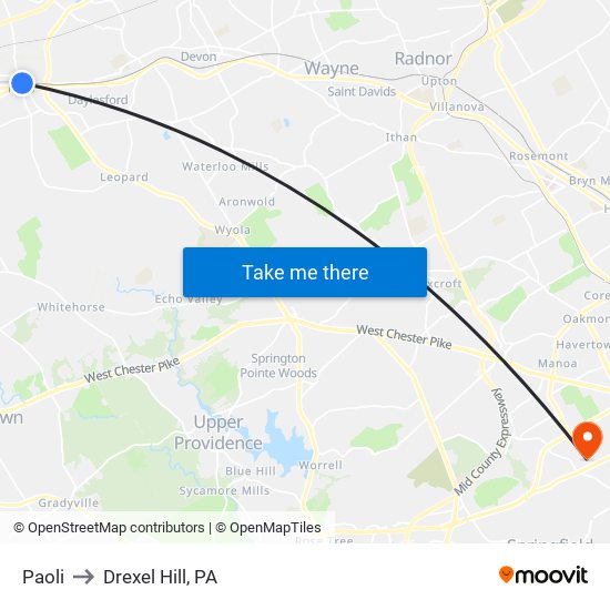 Paoli to Drexel Hill, PA map