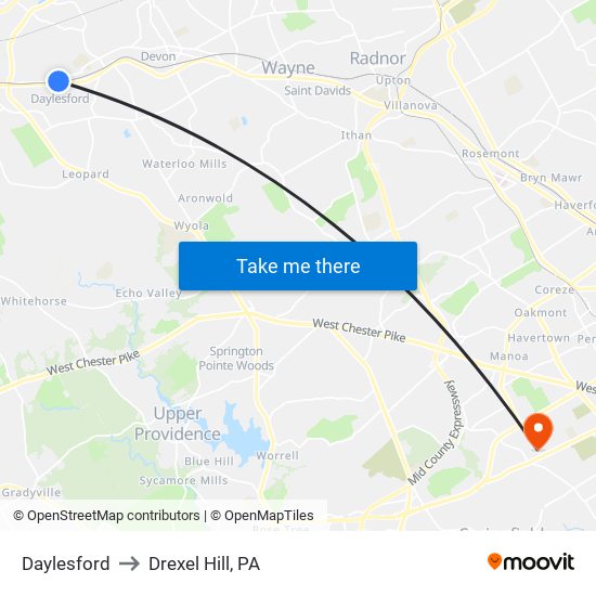 Daylesford to Drexel Hill, PA map