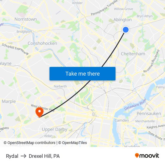 Rydal to Drexel Hill, PA map