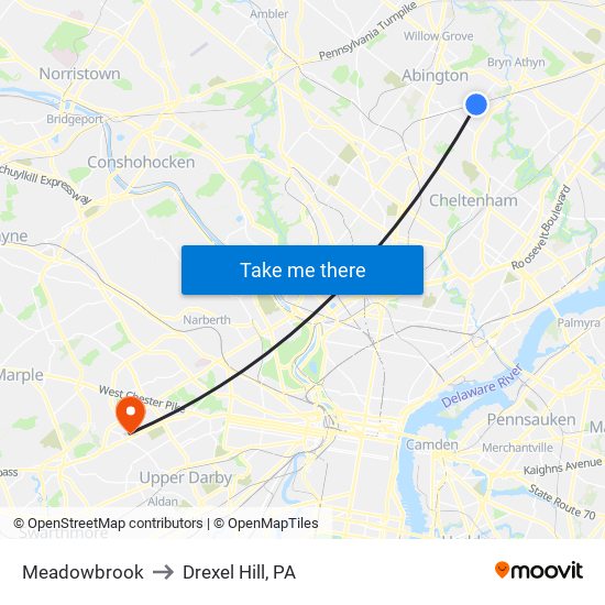 Meadowbrook to Drexel Hill, PA map