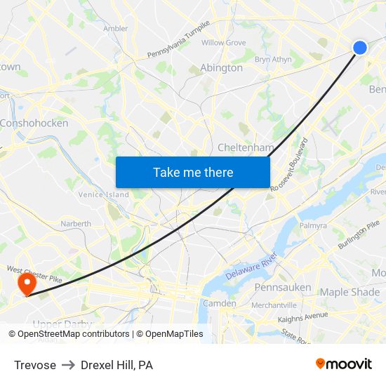 Trevose to Drexel Hill, PA map