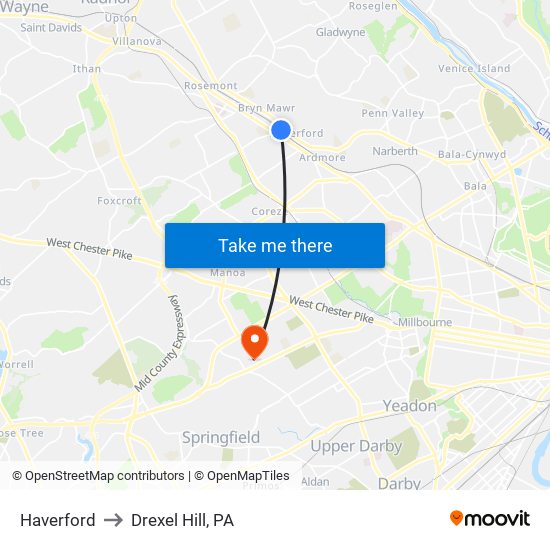 Haverford to Drexel Hill, PA map