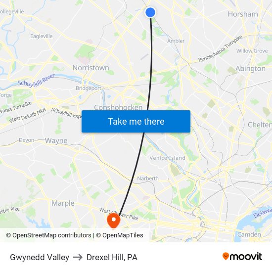 Gwynedd Valley to Drexel Hill, PA map