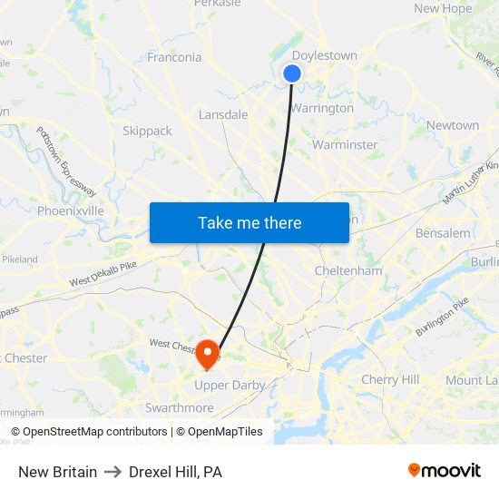 New Britain to Drexel Hill, PA map