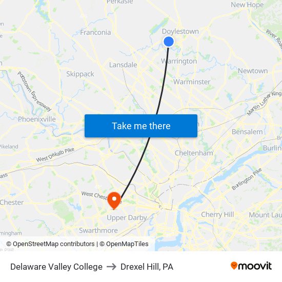 Delaware Valley College to Drexel Hill, PA map