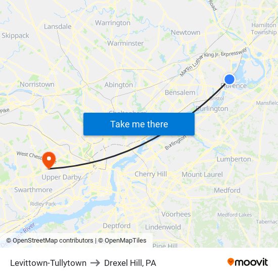 Levittown-Tullytown to Drexel Hill, PA map