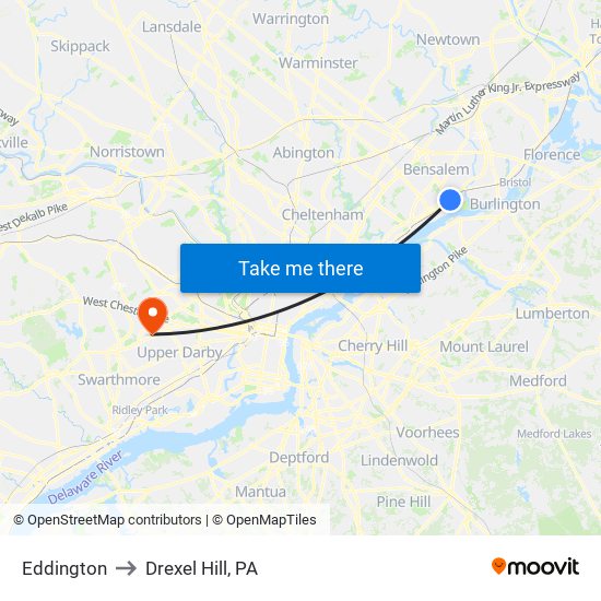 Eddington to Drexel Hill, PA map