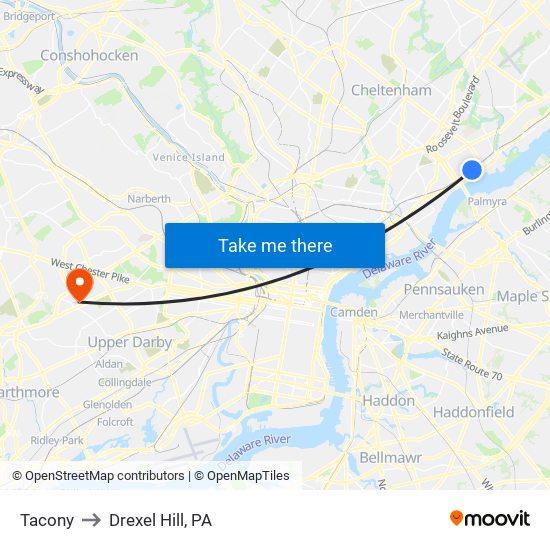 Tacony to Drexel Hill, PA map