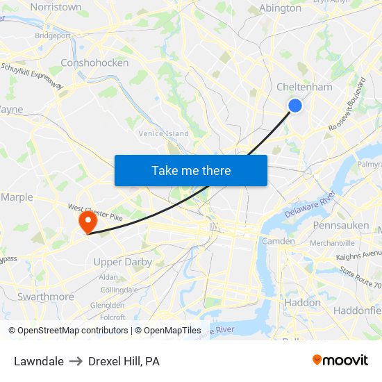 Lawndale to Drexel Hill, PA map