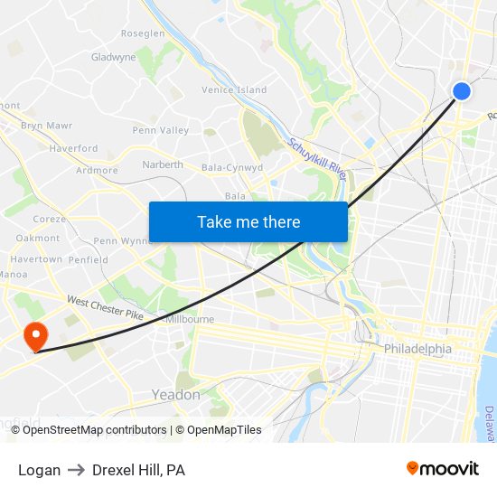 Logan to Drexel Hill, PA map
