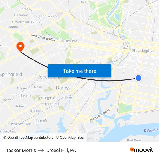 Tasker Morris to Drexel Hill, PA map