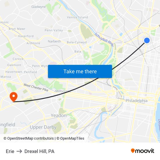 Erie to Drexel Hill, PA map