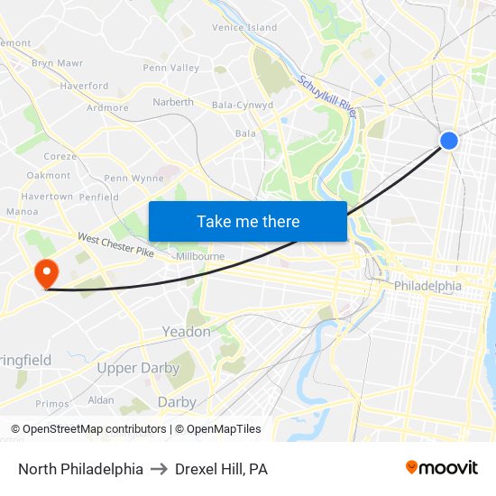 North Philadelphia to Drexel Hill, PA map