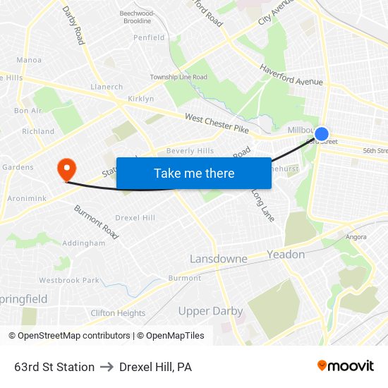 63rd St Station to Drexel Hill, PA map