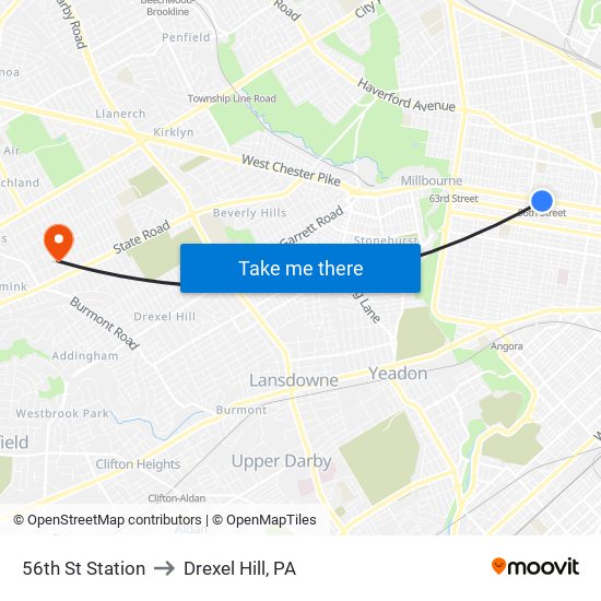 56th St Station to Drexel Hill, PA map