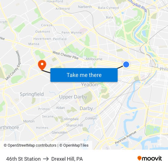 46th St Station to Drexel Hill, PA map