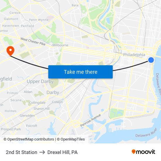 2nd St Station to Drexel Hill, PA map