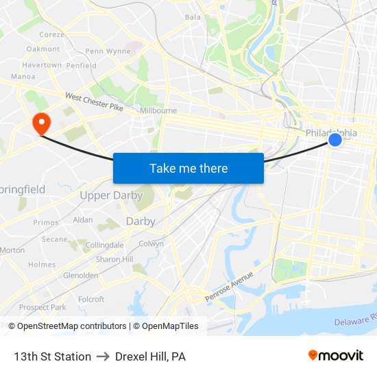 13th St Station to Drexel Hill, PA map