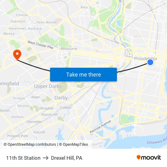11th St Station to Drexel Hill, PA map