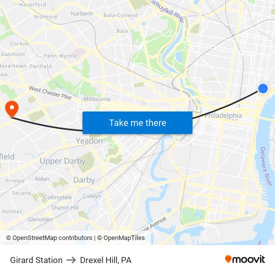 Girard Station to Drexel Hill, PA map
