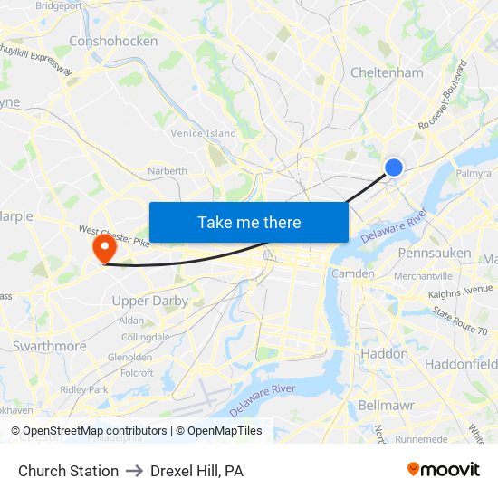 Church Station to Drexel Hill, PA map