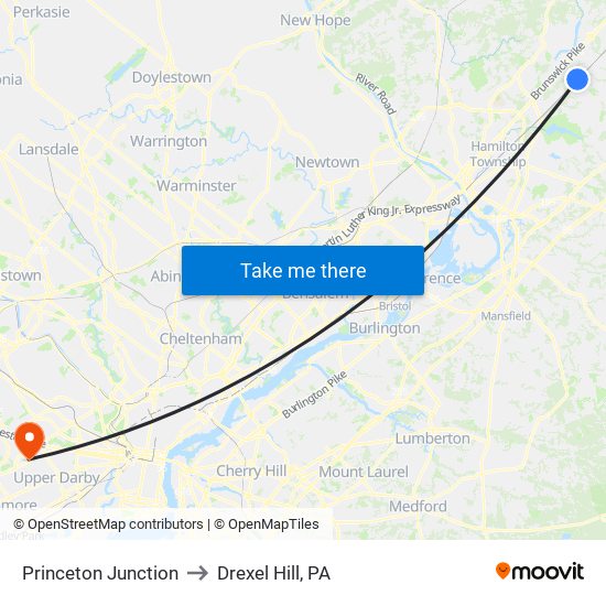Princeton Junction to Drexel Hill, PA map