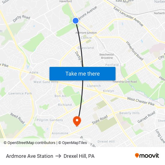Ardmore Ave Station to Drexel Hill, PA map