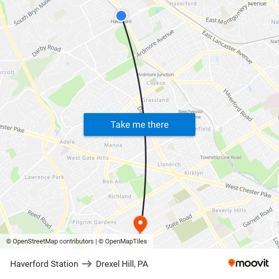 Haverford Station to Drexel Hill, PA map