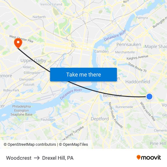 Woodcrest to Drexel Hill, PA map