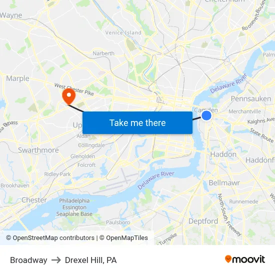 Broadway to Drexel Hill, PA map